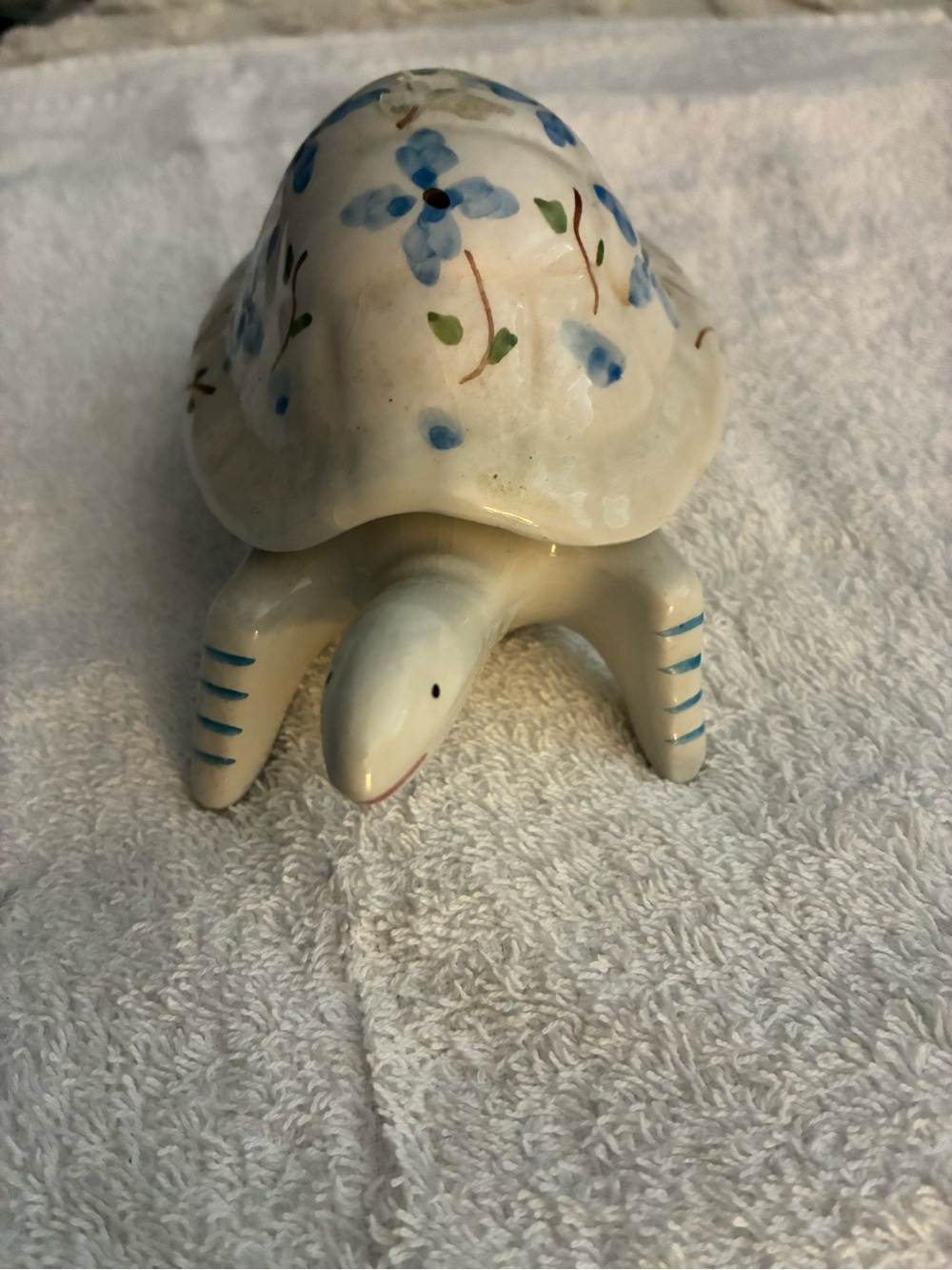 Vintage Hand-Painted Ceramic Turtle Figurine - Blue Floral Trinket box Portugal